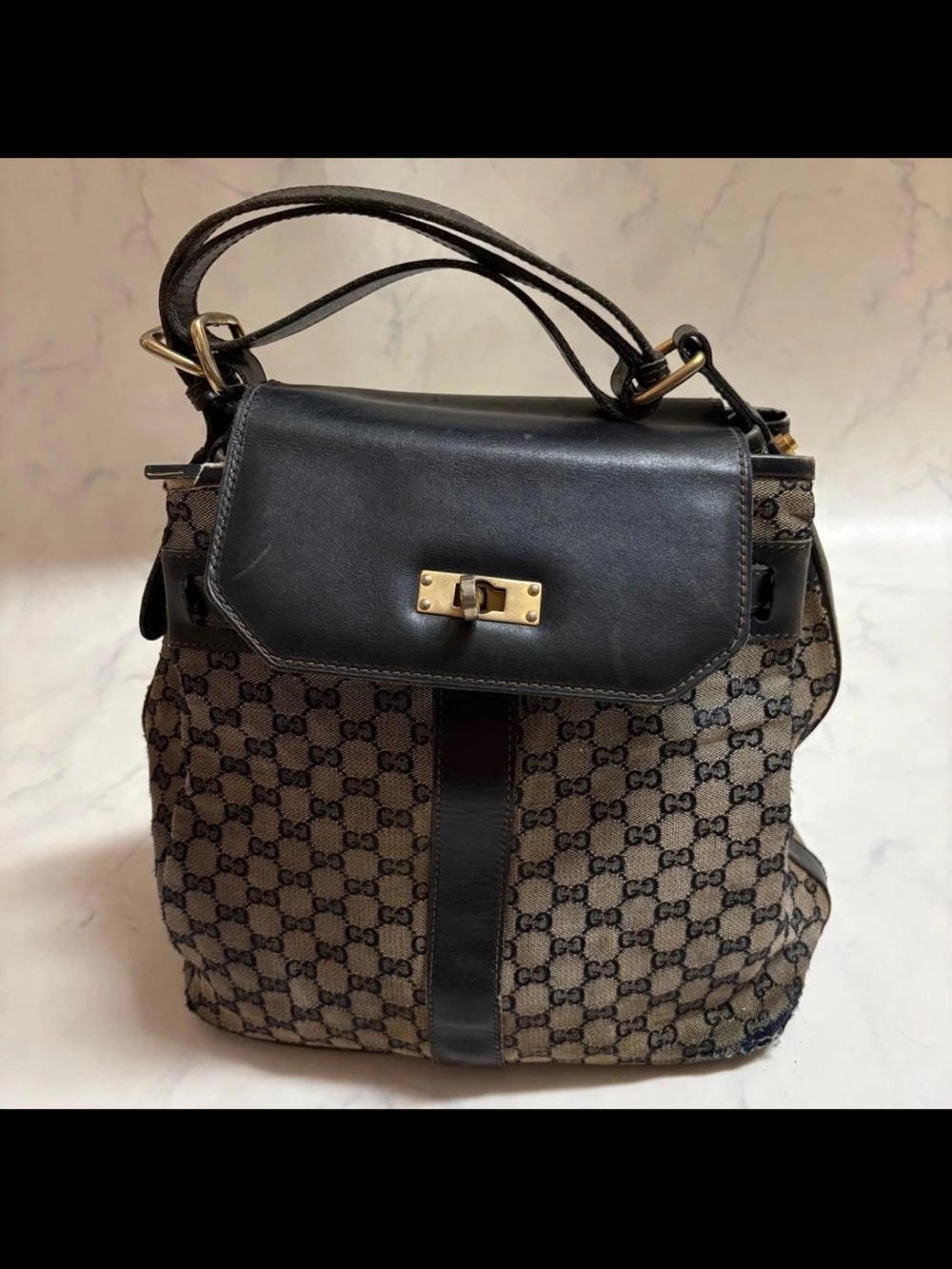 Gucci Brown Monogram Canvas and Black Leather Shoulder Bag